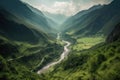 Ancient Mountain Range with Lush Green Forest and a River Running through the Valley Royalty Free Stock Photo