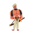 Ancient Muscular Oriental Warrior, Arabian Fairy Tale Cartoon Character Vector Illustration