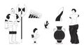 Ancient museum artifacts black and white 2D line cartoon objects set