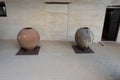 Ancient Museum large clay pots on display a middle eastern at the Ras al Khaimah Museum in the United Arab Emirates