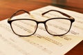 Ancient Musical Manuscript, Abstract Music Sheet and eye glasses on wooden table Royalty Free Stock Photo