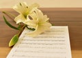 Ancient Musical Manuscript, Abstract Music Sheet and flowers on wooden table Royalty Free Stock Photo