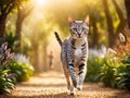 The ancient and mysterious Egyptian Mau is playing in the park under the sunlight
