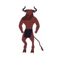 Ancient mythical cartoon creature bull isolated on white background. Colored minotaur character vector flat illustration