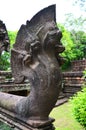 Ancient naga or antique naka statue in Prasat Hin Phanom Rung Stone Castle Sanctuary building Khmer temple style in Historical