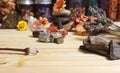 Ancient Native American Pottery Pieces With Crystals and Flowers on Meditation Table Royalty Free Stock Photo