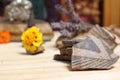 Ancient Native American Pottery Pieces With Crystals and Flowers on Meditation Table Royalty Free Stock Photo