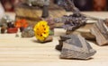 Ancient Native American Pottery Pieces With Crystals and Flowers on Meditation Table Royalty Free Stock Photo