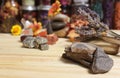 Ancient Native American Pottery Pieces With Crystals and Flowers on Meditation Table Royalty Free Stock Photo