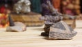 Ancient Native American Pottery Pieces With Crystals and Flowers on Meditation Table Royalty Free Stock Photo