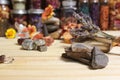 Ancient Native American Pottery Pieces With Crystals and Flowers on Meditation Table Royalty Free Stock Photo