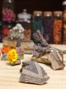 Ancient Native American Pottery Pieces With Crystals and Flowers on Meditation Table Royalty Free Stock Photo