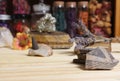 Ancient Native American Pottery Pieces With Crystals and Flowers on Meditation Table Royalty Free Stock Photo