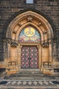 Ancient Neo Gothic Church of Saint Peter and Paul in Vysehrad `Upper Castle`. Ornamented entrance doors to Basilica
