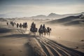 ancient nomadic tribe making their way across vast desert landscape