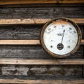 Ancient not serviceable measuring device on wooden wall Royalty Free Stock Photo