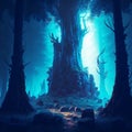 Ancient oak tree in mythical blue forest digital art