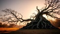 Ancient Oak Tree at Sunset: Majestic Roots and Branches Royalty Free Stock Photo