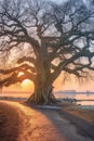 ancient oak tree with twisted branches at sunrise Royalty Free Stock Photo
