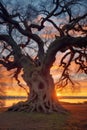 ancient oak tree with twisted branches at sunset Royalty Free Stock Photo