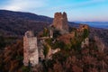 Ancient Old Fortress. Shkhepi Castle Ruin In Mountains At The Sunset, Aerial Drone View