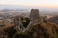 Ancient old fortress. Shkhepi Castle ruin in mountains at the sunset, aerial drone view Royalty Free Stock Photo