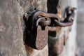 Ancient old lock and chain with lock in focus, wallpaper, background Royalty Free Stock Photo