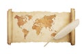Scroll Paper with World Map and Feather Royalty Free Stock Photo