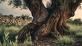 Ancient Olive Tree Trunk with Stone Wall Background in the Countryside Royalty Free Stock Photo