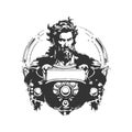 ancient olympian heroes steampunk, vintage logo line art concept black and white color, hand drawn illustration