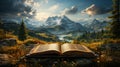 An ancient open book on the ground in front of mountain landscape Royalty Free Stock Photo