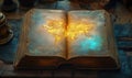 Ancient Open Book with Illuminated World Map and Mystical Glow Royalty Free Stock Photo