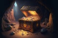Ancient open treasure chest, glowing gemstones and gold inside Royalty Free Stock Photo