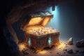 Ancient open treasure chest, glowing gemstones and gold inside Royalty Free Stock Photo