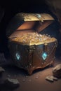 Ancient open treasure chest, glowing gemstones and gold inside