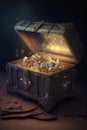 Ancient open treasure chest, glowing gemstones and gold inside