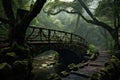 Ancient Oriental forest bridge. Generate Ai