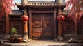 Ancient oriental street with a gate and wooden door. Royalty Free Stock Photo