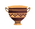 Ancient ornamented vase with handles. Hellenic clay amphora. Greek pottery decorated with ornament. Flat vector cartoon