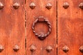 An ancient ornate iron knocker on an old wooden entrance door