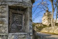 Ancient orthodox wood Jesus Christ icon in stone wall of old church