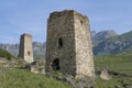 Ancient Ossetian defensive towers on a sunny June morning. Tsmiti, North Ossetia-Alania