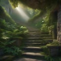 An ancient, overgrown stone staircase leading into a lush jungle3