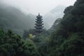 ancient pagoda in the misty mountains, surrounded by greenery