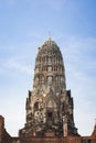 An ancient pagoda in an old temple and a very old brick wall in Ayutthaya, Thailand