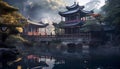 Ancient pagoda reflects on tranquil pond, showcasing Chinese culture generated by AI Royalty Free Stock Photo