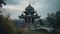 Ancient pagoda roof rises above misty forest, a spiritual journey generated by AI