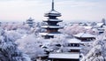 Ancient pagoda stands tall in tranquil winter landscape, generated by AI