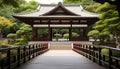 Ancient pagoda in tranquil Japanese garden, surrounded by nature generated by AI Royalty Free Stock Photo