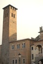 Ancient palace and medieval tower seen from the square fruit in Padua in the Veneto (Italy) Royalty Free Stock Photo